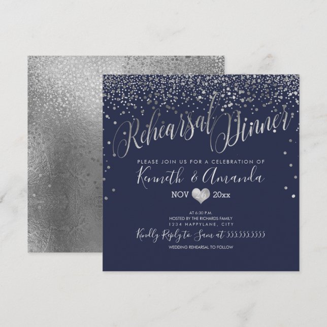 Invitación Cena de ensayo PixDezines/faux Silver Confetti (Anverso / Reverso)