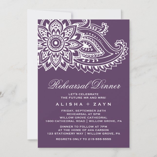 Invitación Cena de ensayo Plum Indian Paisley (Anverso)