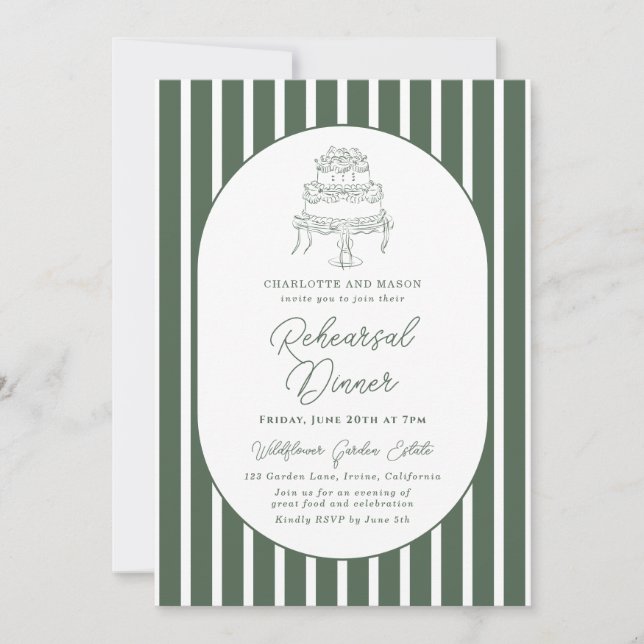 Invitación Cena de Ensayo Preppy a Rayas Verde Oscuro (Anverso)