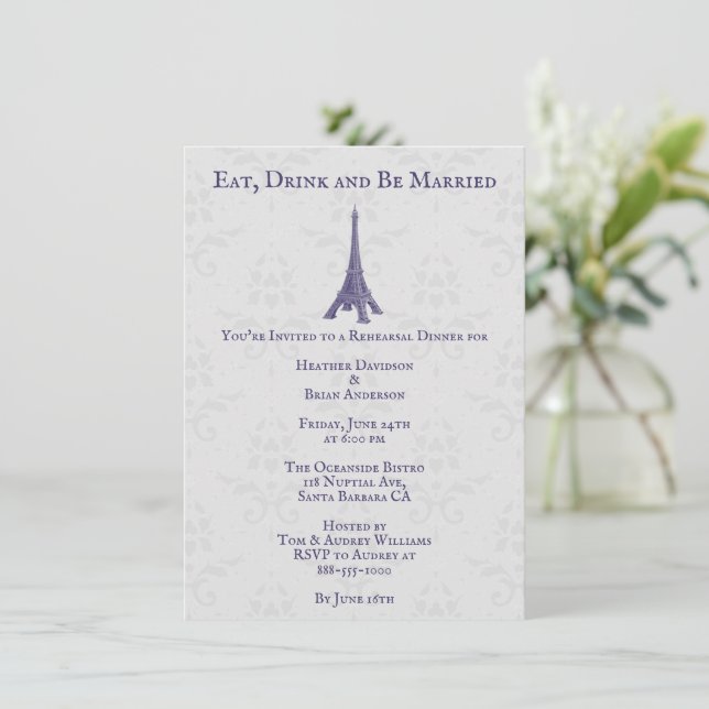 Invitación Cena de ensayo Purple Eiffel Tower Damask (Anverso de pie)
