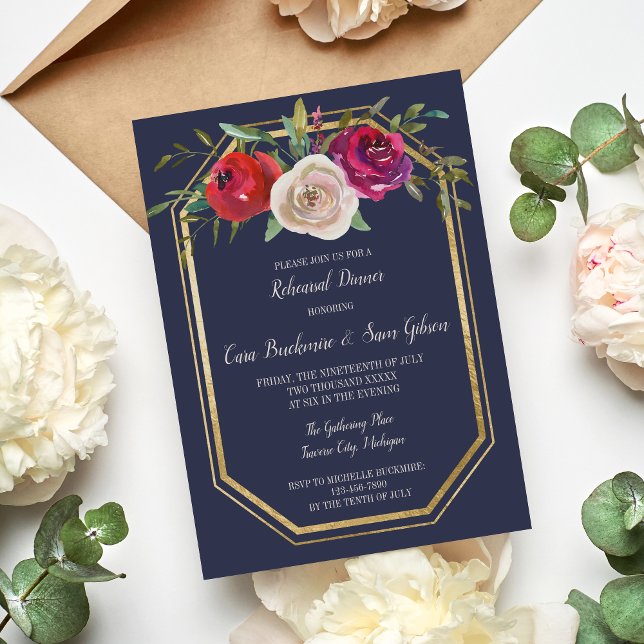 Invitación Cena de ensayo radiante de la Marina Floral Azul b (Subido por el creador)