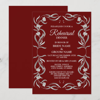 Invitación Cena de Ensayo Roja con Patrón Floral de Plata Vin
