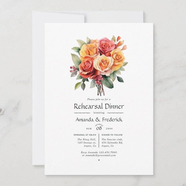 Invitación Cena de ensayo roja, Naranja y sabia (Anverso)