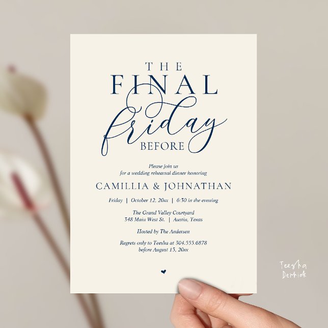 Invitación Cena de ensayo romántico “El último viernes antes” (“The Final Friday Before” Romance Rehearsal Dinner Invitation Card in Navy Blue Ivory)