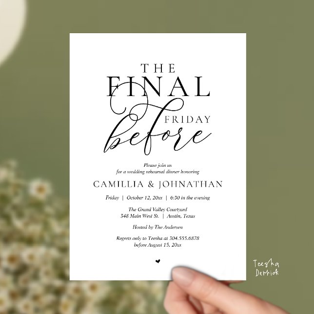 Invitación Cena de ensayo romántico “El último viernes antes” (“The Final Friday Before” Romance Rehearsal Dinner Celebration Invitation Card in black and white)