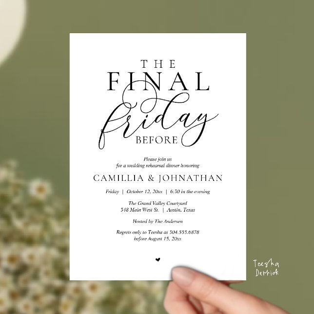 Invitación Cena de ensayo romántico “El último viernes antes” (“The Final Friday Before” Romance Rehearsal Dinner Celebration Invitation Card in black and white)