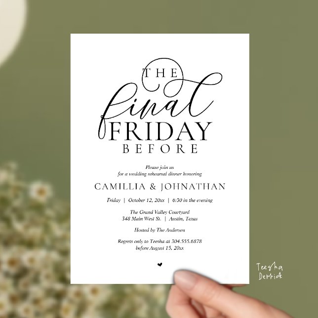Invitación Cena de ensayo romántico “El último viernes antes” (“The Final Friday Before” Romance Rehearsal Dinner Celebration Invitation Card in black and white)
