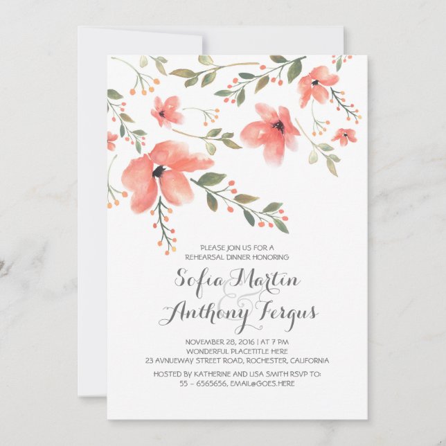 Invitación Cena de ensayo romántico floral acuarela (Anverso)