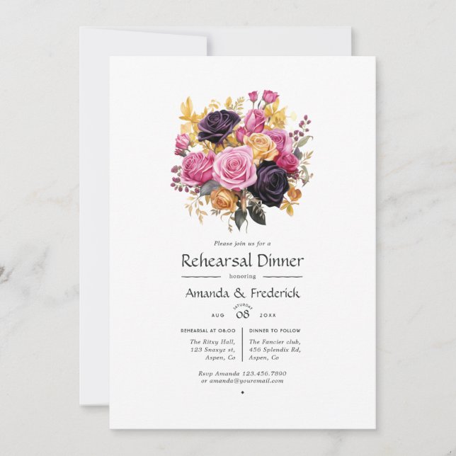 Invitación Cena de ensayo rosa, morado, negro y oro (Anverso)