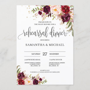 Invitación Cena de ensayo rosa rosa de marsala roja bohemia