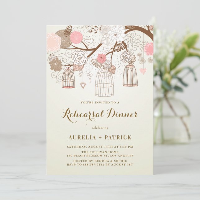 Invitación Cena de ensayo rosa y marrón de aves de época (Anverso de pie)