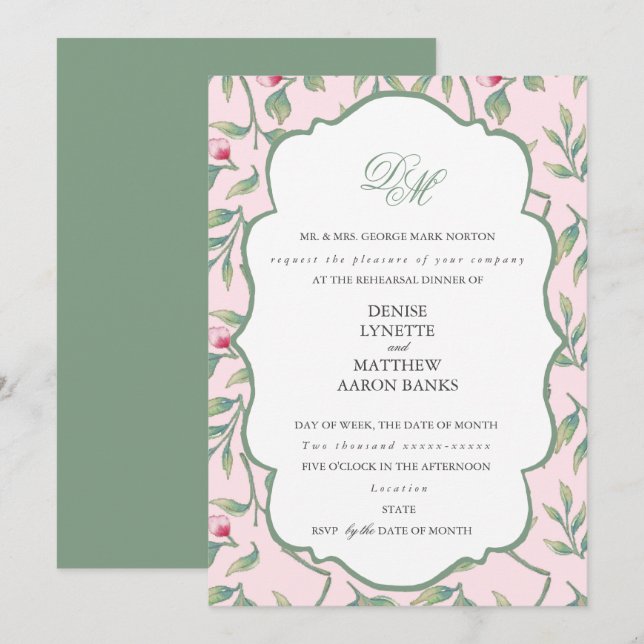 Invitación Cena de ensayo rosa y verde albahaca (Anverso / Reverso)