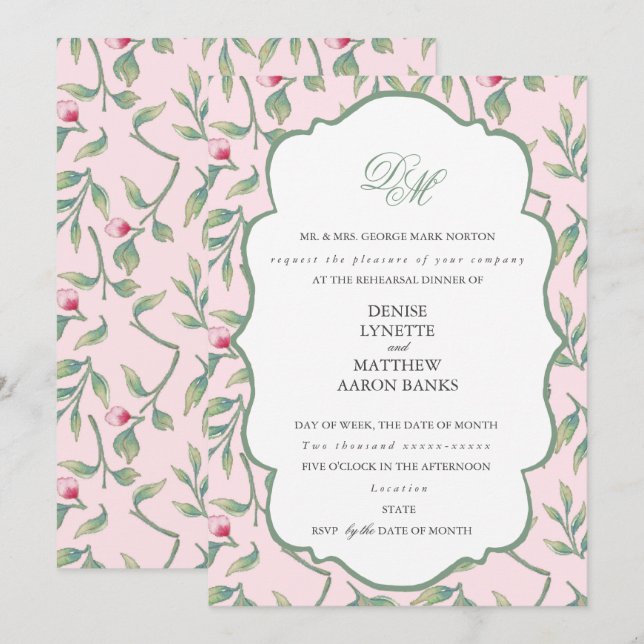 Invitación Cena de ensayo rosa y verde albahaca (Anverso / Reverso)
