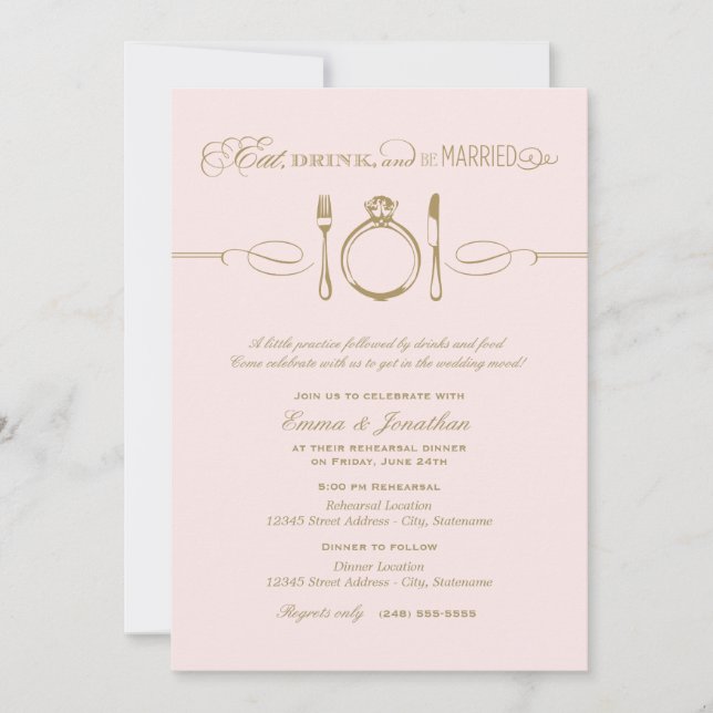 Invitación Cena de ensayo rosado casada (Anverso)