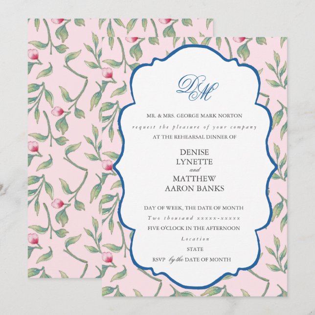 Invitación Cena de ensayo rosado Nosegay (Anverso / Reverso)