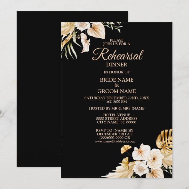 Invitación Cena de ensayo Rubor Floral rosa negro dorado (Anverso / Reverso)