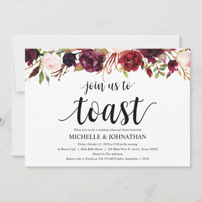 Invitación Cena de ensayo ruidosa Boda de Borgoña invita a (Anverso)