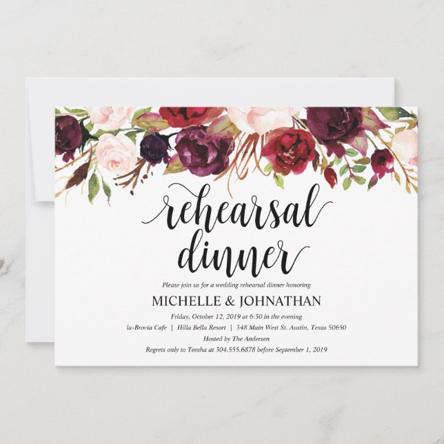 Invitación Cena de ensayo ruidosa Boda de Borgoña invita a (Anverso)