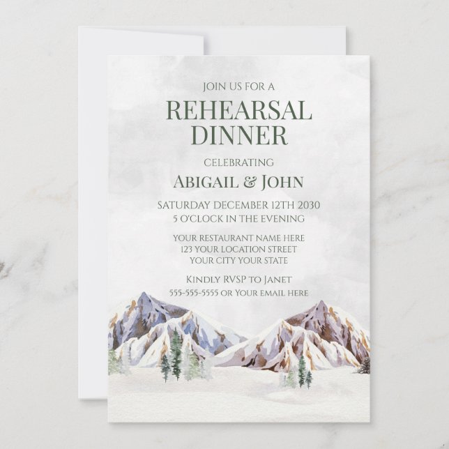 Invitación Cena de Ensayo Rústica de Bosque de Invierno de Mo (Anverso)