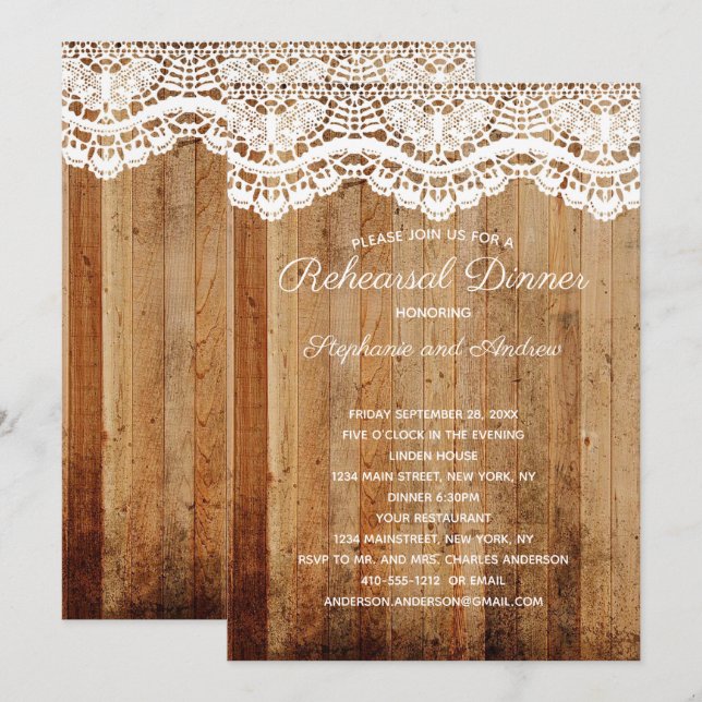 Invitación Cena de Ensayo Rústica de Madera con Encaje Blanco (Anverso / Reverso)