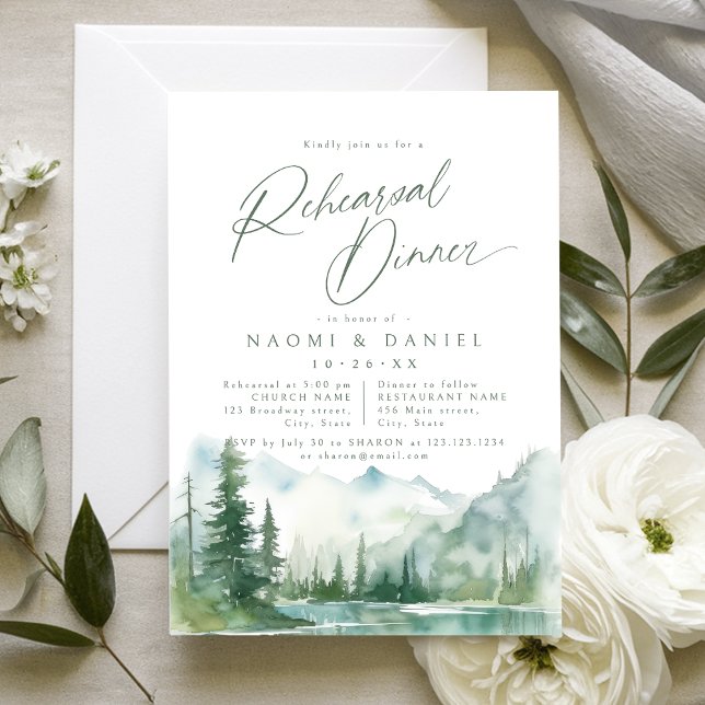 Invitación Cena de Ensayo Rústica del Bosque del Monte Sage (Sage Mountain Forest Rustic Rehearsal Dinner Invitation)