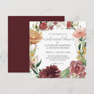 Invitación Cena de ensayo Rústico Floral Borgoña Rosa de Rubo