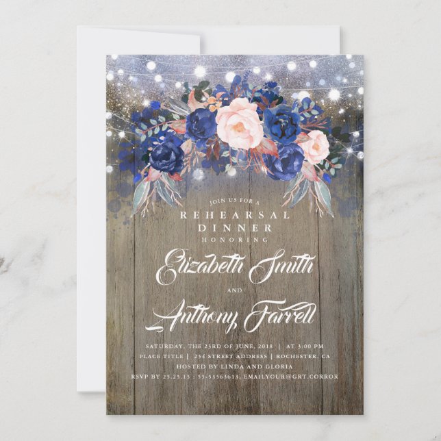 Invitación Cena de ensayo rústico floral de la marina (Anverso)