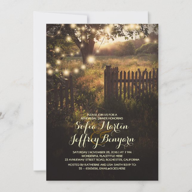 Invitación cena de ensayo rústico rústico con luces de cuerda (Anverso)