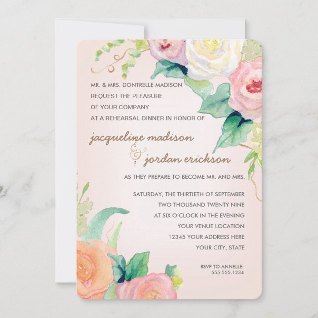Invitación Cena de ensayo simple acuarela moderna Floral (Anverso)
