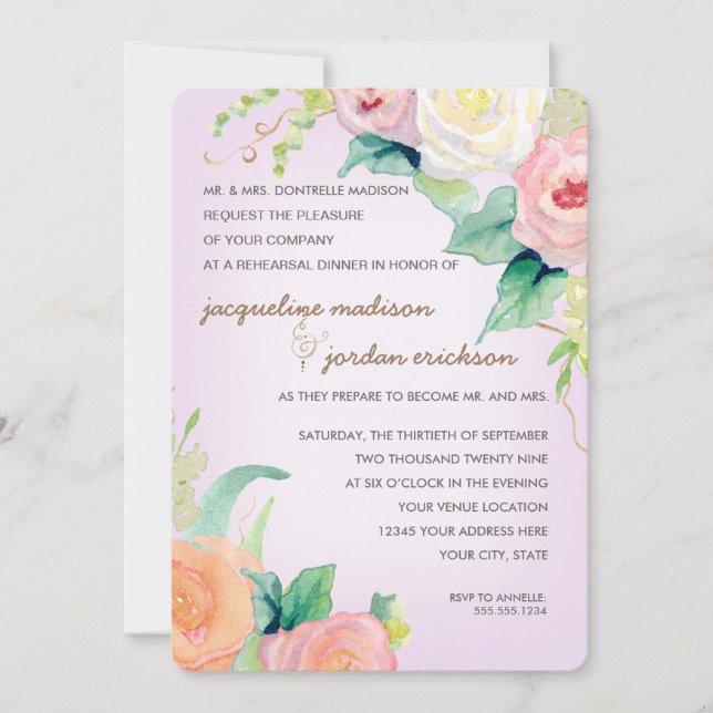 Invitación Cena de ensayo simple acuarela moderna Floral (Anverso)