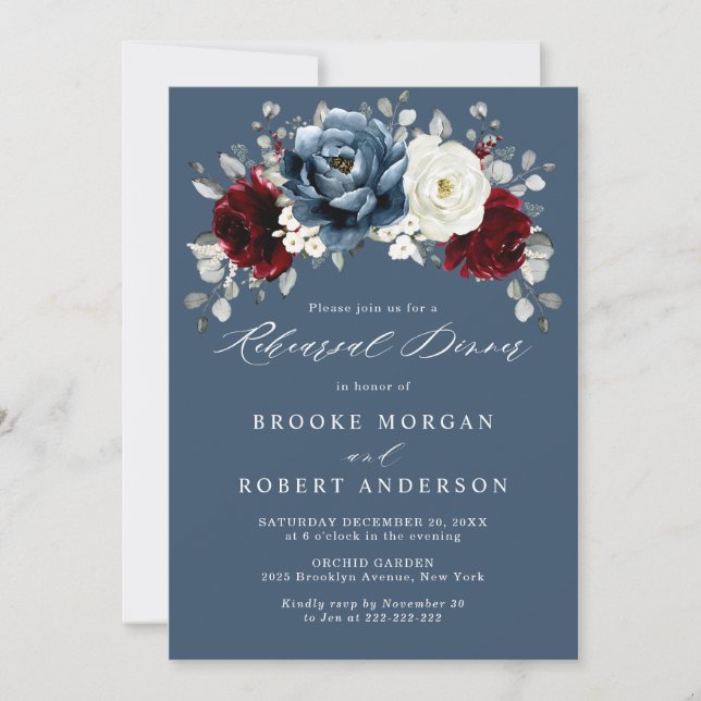 Invitación Cena de ensayo Slate Blue Burgundy White Ivory (Anverso)