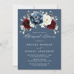 Invitación Cena de ensayo Slate Blue Burgundy White Ivory