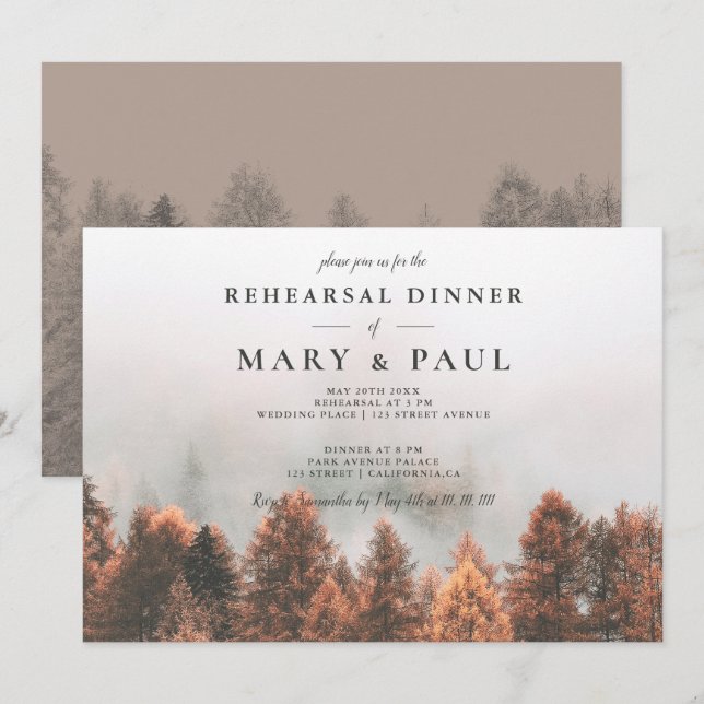 Invitación Cena de ensayo sobre el bosque de pinos de inviern (Anverso / Reverso)