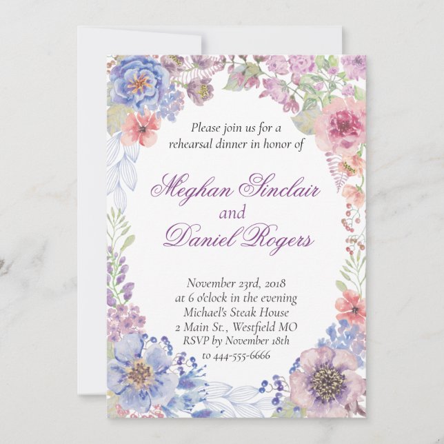 Invitación Cena de ensayo sobre flores silvestres azules, ros (Anverso)