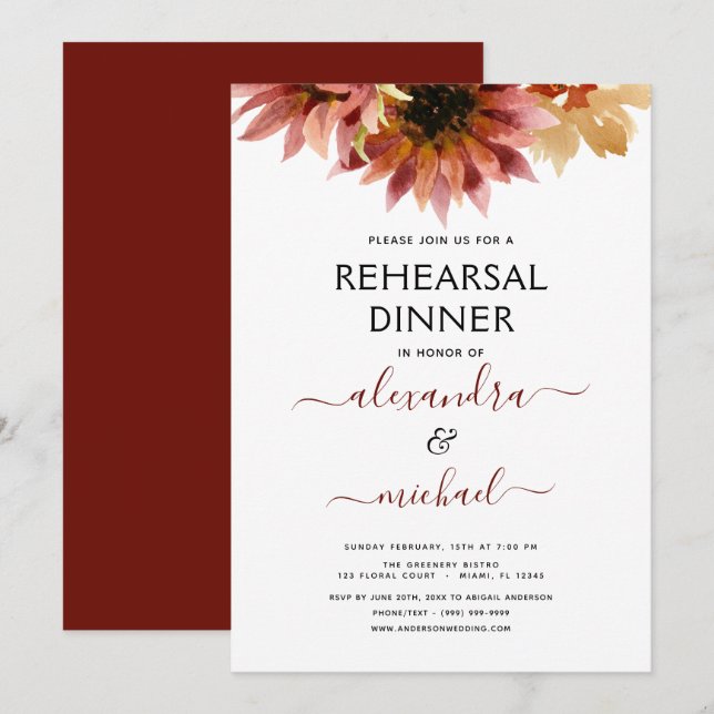 Invitación Cena de ensayo Sunflower Borgoña País (Anverso / Reverso)
