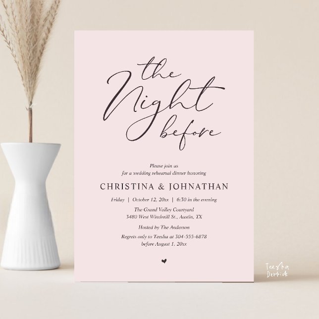 Invitación Cena de Ensayo “The Night Before” Blush Whisper (“The Night Before” Elegant Script Romantic Rehearsal Dinner Invitation Card Blush Whisper)
