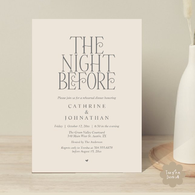 Invitación Cena de ensayo "The Night Before" Gris Crema (Minimalist "The Night Before" Rehearsal Dinner Invitation Card in Cream Grey)