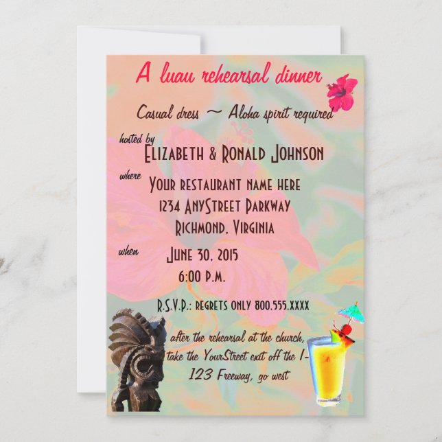 Invitación Cena de ensayo tropical luau (Anverso)
