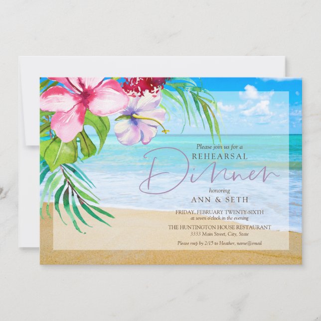 Invitación Cena de ensayo tropical playa de arena (Anverso)