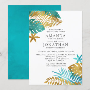 Invitación Cena de Ensayo Tropical Verde y Dorado