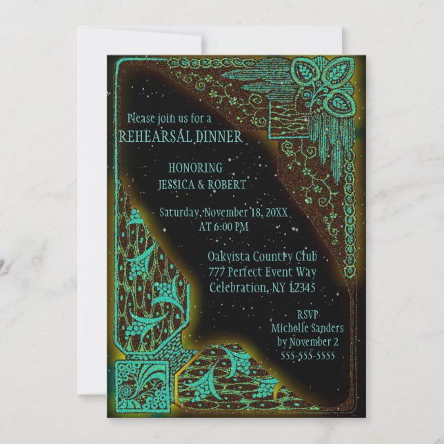 Invitación Cena de ensayo | Turquesa y verde Art Deco (Anverso)