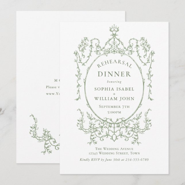 Invitación Cena de ensayo verde de la orquesta victoriana Gra (Anverso / Reverso)