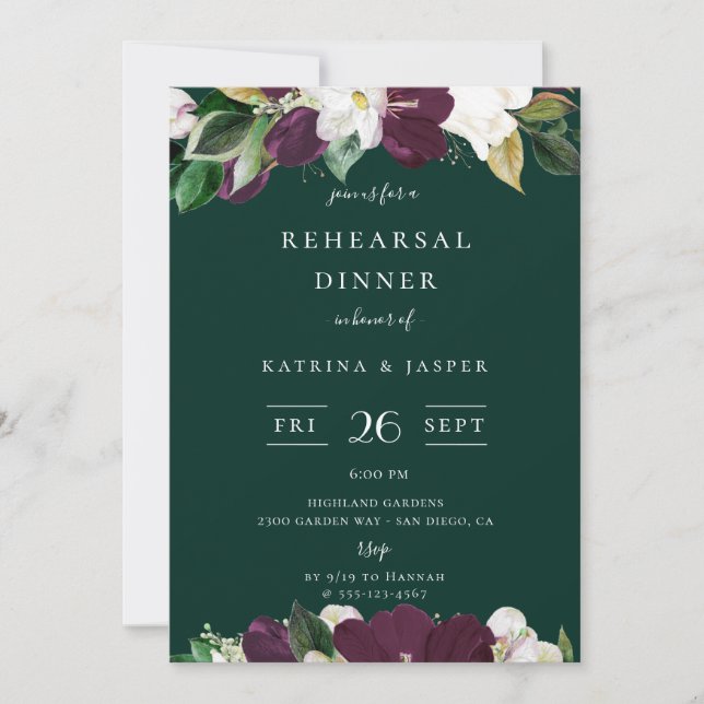 Invitación Cena de Ensayo Verde Esmeralda Floral de Pluma de  (Anverso)