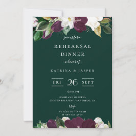 Invitación Cena de Ensayo Verde Esmeralda Floral de Pluma de