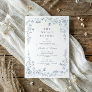 Invitación Cena de Ensayo Vintage Dusty Blue Floral Francés