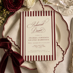 Invitación Cena de Ensayo Vintage Marfil y Burgundy a Rayas