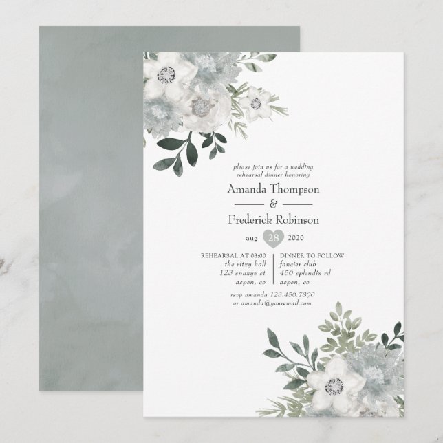 Invitación Cena de Ensayo Watercolor Silver Sage (Anverso / Reverso)
