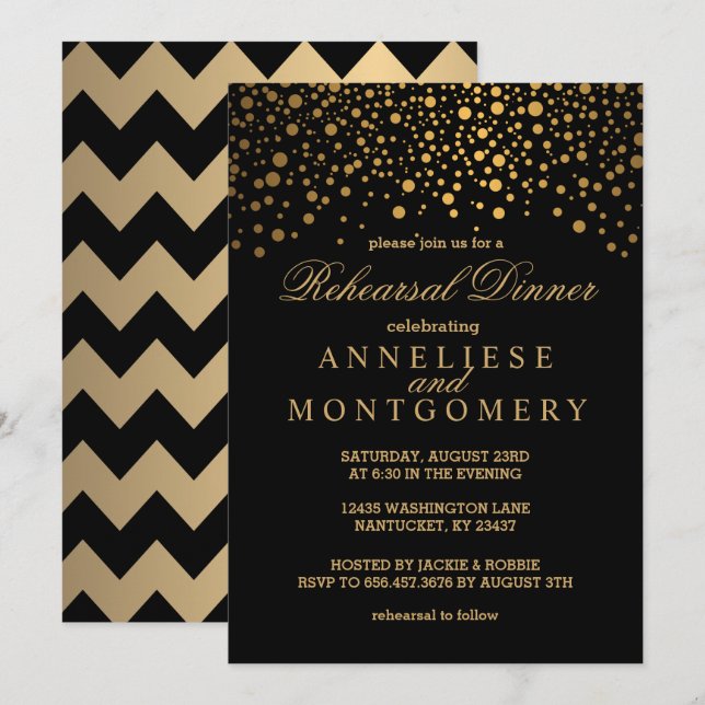 Invitación Cena de Ensayos de Confetti Negro y Oro (Anverso / Reverso)