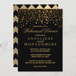 Invitación Cena de Ensayos de Confetti Negro y Oro