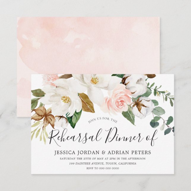 Invitación Cena de Ensayos de Floral blanca y Rubor de todas  (Anverso / Reverso)